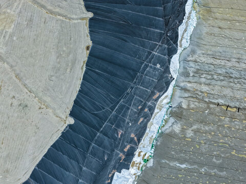 Aerial view of geomembrane on mining leach pad for gold extraction