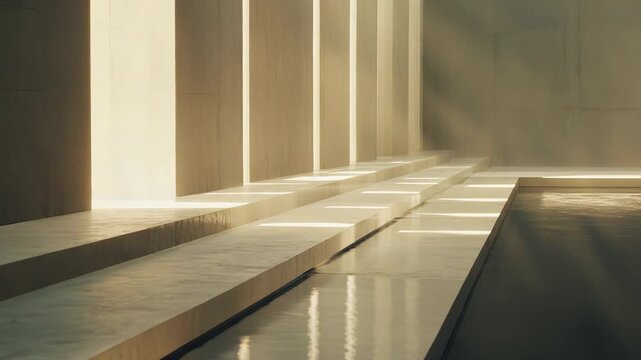 Minimalist concrete interior bathed in warm sunlight, clean geometric lines and reflective surfaces casting serene abstract patterns of light and shadow for a tranquil mood