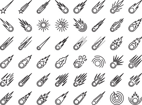 Collection of Meteor icons and graphic elements, depicting falling stars, comets, and celestial events in various stylized illustrations.