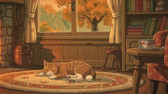 A cozy interior room with warm lighting, possibly a tavern or a home, featuring wooden furniture.