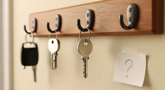 Keys on a wooden key holder.