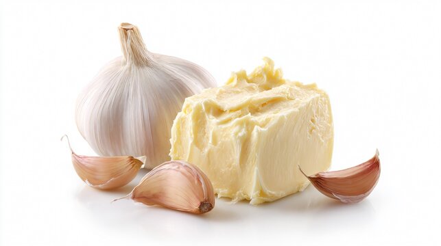 A clean studio shot of roasted garlic butter isolated on a white background with crisp shadows and minimal props for product use