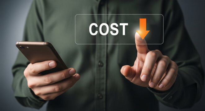 Cost reduction strategy concept, businessman touching virtual screen with cost down arrow, financial management and expense optimization