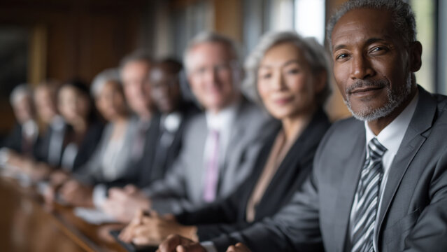 Meeting of diverse board of directors at a long table discussing company strategies in a modern office setting during a weekday afternoon