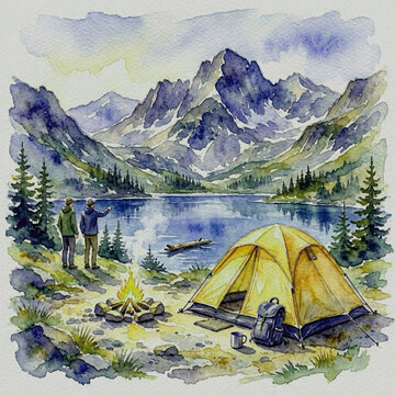 A beautiful art of summer landscape of a camping tent in the green nature mountains near a scenic lake during an outdoor travel hiking adventure.