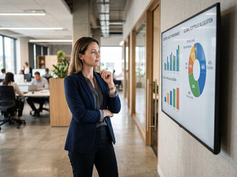 Professional Woman Analyzing Data Charts on a Wall Monitor in an Office