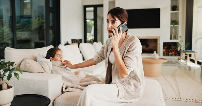 Phone call, mom or child in house with thermometer, telehealth advice or concern in fever check. Worry, sick or family on sofa with tech, online consultation or illness assessment with temperature.