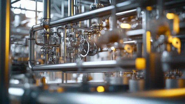 Industrial equipment with an intricate network of polished stainless steel tubing and control valves reflecting warm ambient light inside a processing facility or factory