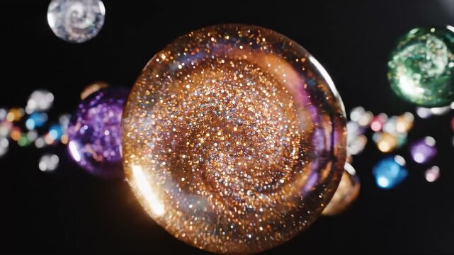 Blurred row of colorful glass marbles floating diagonally against a dark background, central golden glittered marble, shallow depth of field