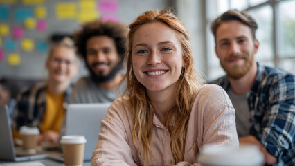 Obraz premium Creative team collaborates around a table while brainstorming ideas in a bright room with a large window and various notes on the wall
