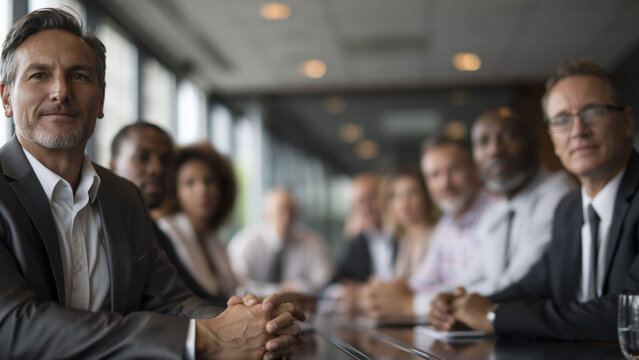 Diverse board of directors meeting in a conference room during business hours at a corporate office discussing important company matters