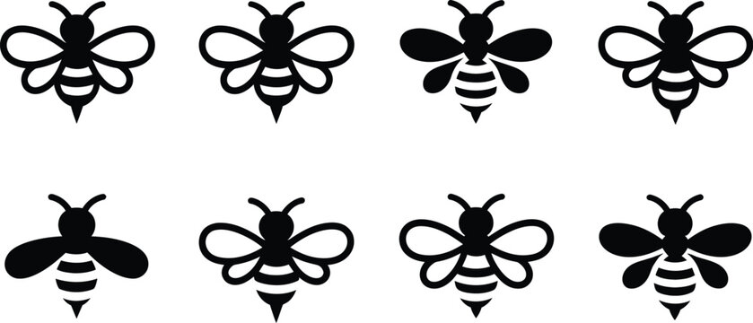 Honey bee silhouette icons set featuring simple black bumblebee designs isolated on white background vector illustration collection for branding