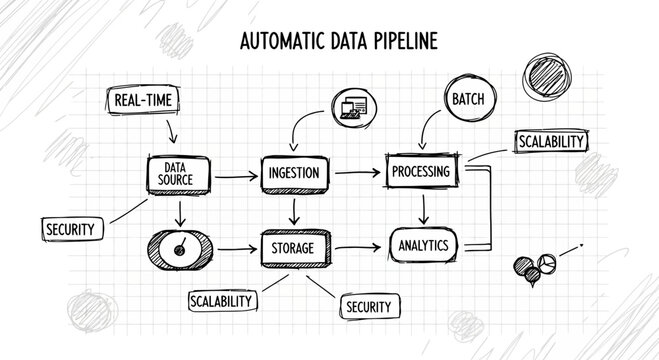 Automated Data Pipeline Flowchart - Real-time, Batch Processing, Analytics