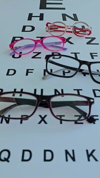 Different types of glasses placed on an eye chart showing letters in a well-lit room for clarity testing
