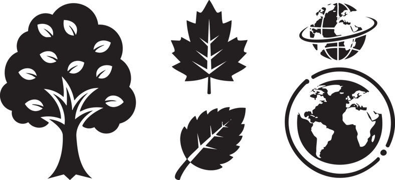 Black and white of trees, leaves, and global earth globes msea set