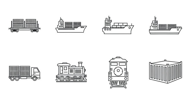 Line drawing icons of cargo ships trains and freight transport
