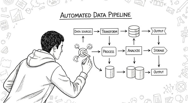 Automated Data Pipeline Hand Drawn Illustration with Man Writing Code