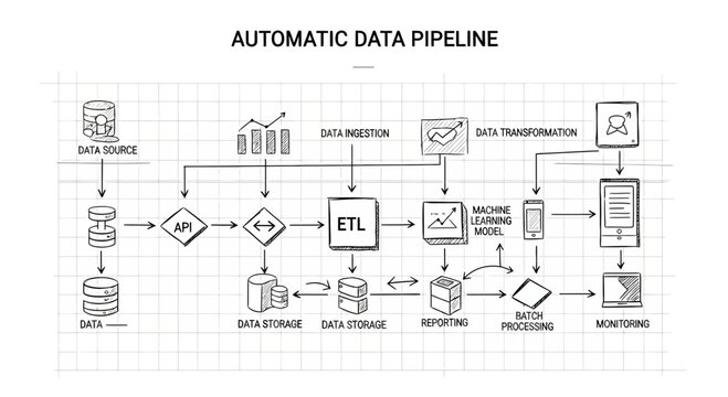 Automatic Data Pipeline Diagram: ETL, Machine Learning, Reporting, Monitoring