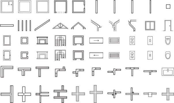 A collection of architectural symbols and blueprints, showcasing various structural elements and design details in a clean, graphic style.