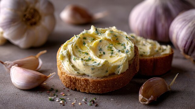 A premium stock-style image of roasted garlic butter placed on a solid neutral background with clean lighting and minimal props