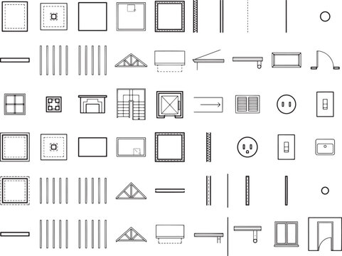 A collection of architectural drafting symbols for interior and exterior design, featuring windows, doors, electrical outlets, staircases, and structural elements.