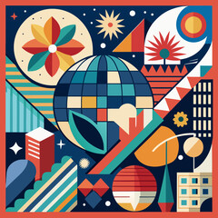 Obraz premium Modern Geometric Abstract Art with Globe and City Elements