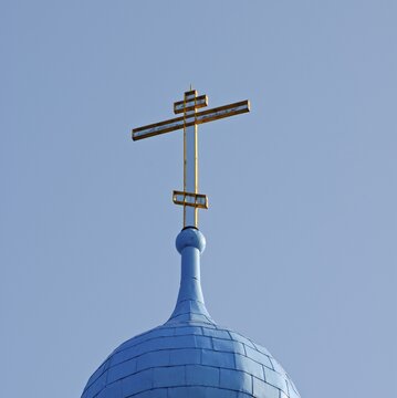 Church-tower with cross of the Orthodox temple of St. Ludmila in Rimice, Czech Republic, Europe