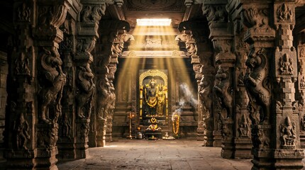 Obraz premium Sunlight entering ancient temple with carved stone pillars