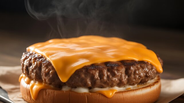 Juicy grilled beef burger patty with melted cheddar cheese closeup
