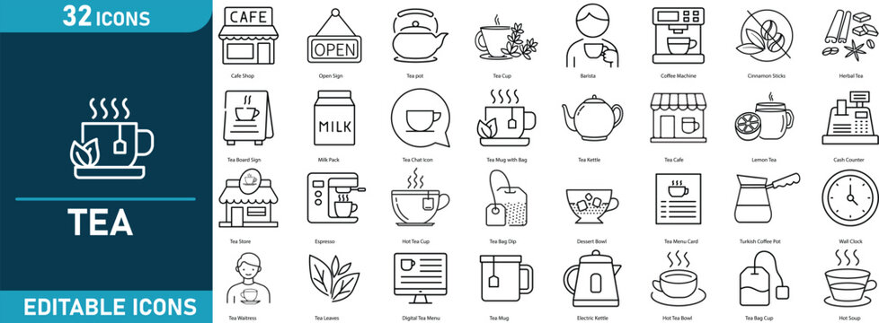 Tea Line Icon Set. Contains icons  tea cup, teapot, herbal tea, tea leaves, tea bag, tea shop, hot drinks, tea break, barista, and more . Editable stroke. Vector illustration.