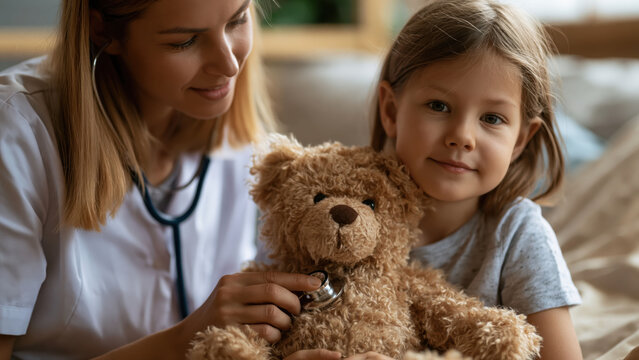 Childrens nurse checks teddy bear's heartbeat while child watches during playtime at home in daytime
