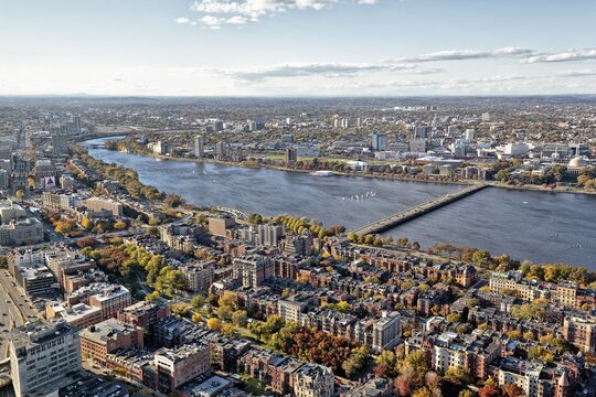 View from Prudential Tower to Back Bay, Charles River and Harvard Bridge, Boston, Massachusetts, New England, USA