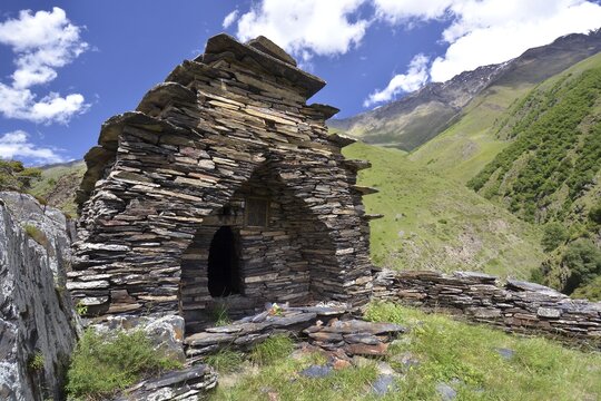Medieval church built from layered stones, Mutso, High Caucasus, Mtskheta-Mtianeti region, Georgia