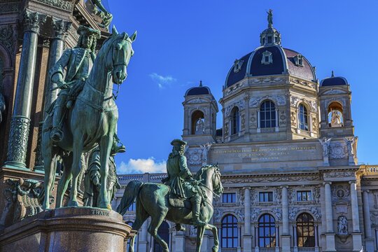 Equestrian statues at the Maria-Theresien monument, behind the Natural History Museum, Maria-Theresien-Platz, Museumsquartier, Vienna, Austria