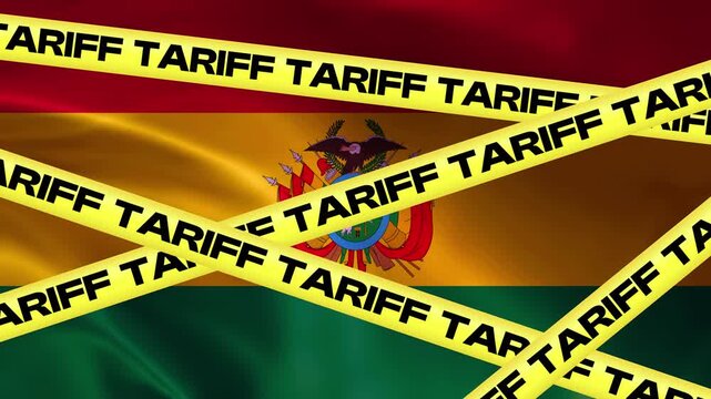 Trade Barrier Over Bolivian Flag: Yellow caution tape with the word TARIFF printed repeatedly stretches across the national flag of Bolivia, symbolizing economic restrictions and trade hurdles.