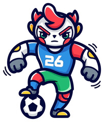 Obraz premium Cartoon football mascot character dribbling a soccer ball