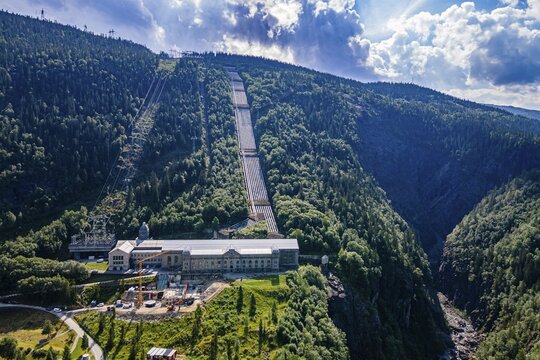 Aerial of the Hydroelectric power station, Unesco world heritage Industrial site Rjukan-Notodden, Norway