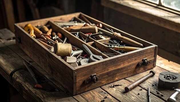 Wooden toolbox with various tools inside.