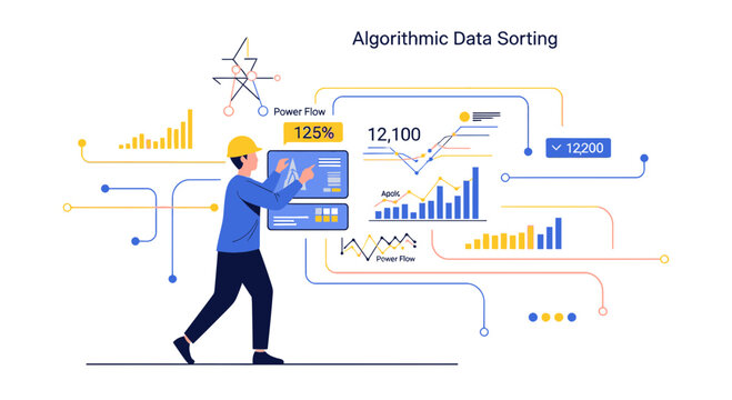 Algorithmic data sorting illustration with business analytics and charts