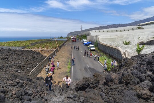 Destroyed road under the lava flow of the new volcano Tajogaite from the 2021 eruption, La Laguna, La Palma Island, Canary Islands, Spain