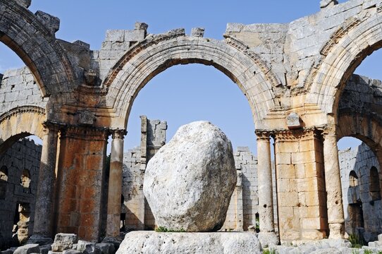 Stone of the Stylite or Pillar-Saint Simeon in the Simeon Monastery in Quala'at Samaan, Dead Cities, Syria, Asia