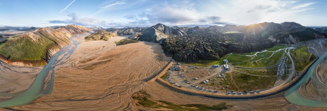 Aerial view, Panorama, Dramatic volcanic landscape, Colourful erosion landscape with mountains, Lava field, Landmannalaugar campsite, Fjallabak nature reserve, Su&eth;urland, Iceland