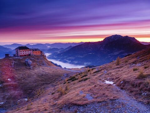 Watzmannhaus at dawn, fog in the valley, right Hoher G&ouml;ll, Berchtesgaden National Park, Sch&ouml;nau am K&ouml;nigssee, Berchtesgadener Land, Upper Bavaria, Bavaria, Germany