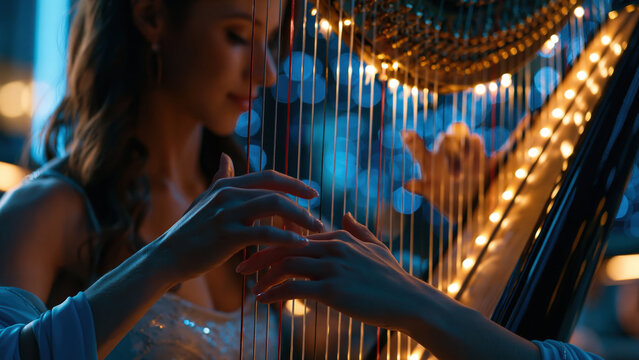 Hands of a harpist engaged in playing a harp at a performance in a nighttime setting with lights shining softly around