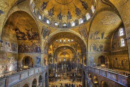 Nave in St Mark's Cathedral with walls full of gold mosaics, Venice, Veneto, Adriatic Sea, Northern Italy, Italy