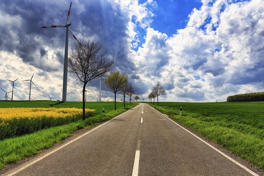 Country road, wind turbine, rape field in spring, H&ouml;xter, Germany