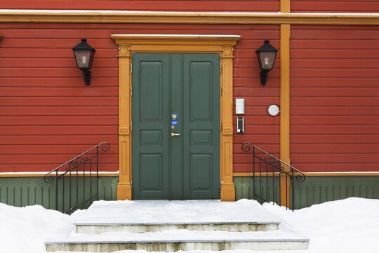 Entrance door in the historic town centre of Tromso, Tromso, Norway, Europe