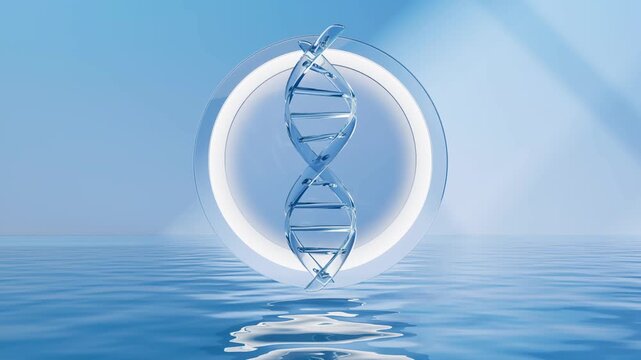 Abstract dna helix structure rotates in circle over water surface blue light background motion graphics.