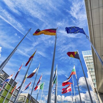 European Parliament, EU Parliament, flags of European countries and flag of the European Union, European Quarter Kirchberg-Plateau, Luxembourg