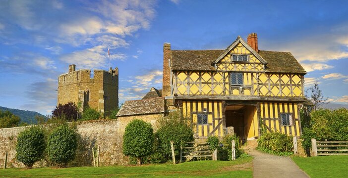 The half-timbered gate house of the finest existing fortified medieval manor house in England built in the 1280s, Stokesay Castle, Shropshire, England, United Kingdom